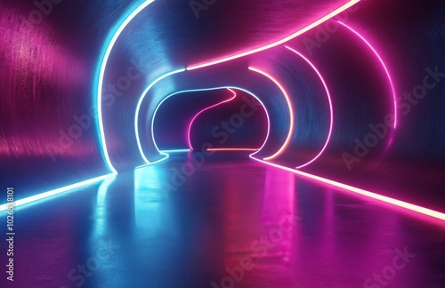 Neon lit tunnel with vibrant blue and pink lights creating a futuristic atmos...