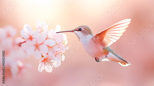 A hummingbird hovering near cherry blossoms