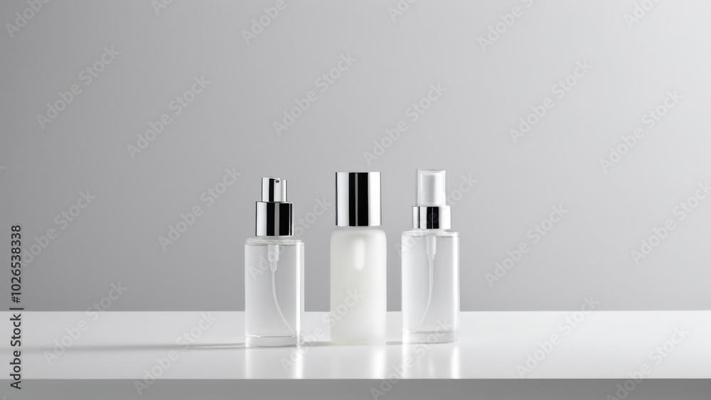 The image features minimalist serum bottles on a reflective surface. Natural lighting enhances their sophistication, making them ideal for promoting high-quality anti-aging skincare products. The image features minimalist serum bottles on a reflective surface. Natural lighting enhances their sophistication, making them ideal for promoting high-quality anti-aging skincare products.