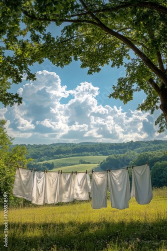 Clothes hanging to dry on a line in a green field with scenic hills and clouds