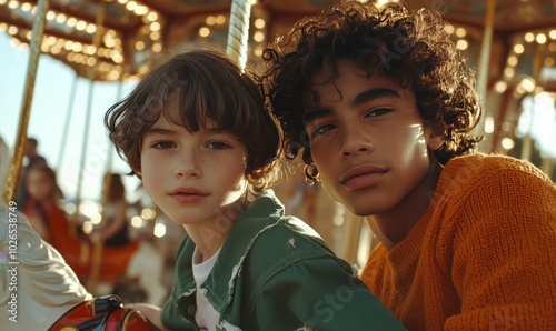 Two young boys enjoying a playful moment on a carousel during a sunny day at ...