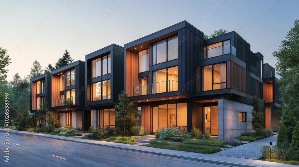 Modern two story home with large windows and landscaped yard in a suburban neighborhood Modern two story home with large windows and landscaped yard in a suburban neighborhood