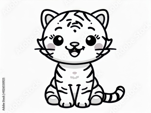 A cute cartoon-style white tiger sitting happily, designed for children's illustrations.