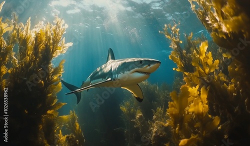 A shark swims directly toward the camera, revealing its sharp teeth and uniqu...