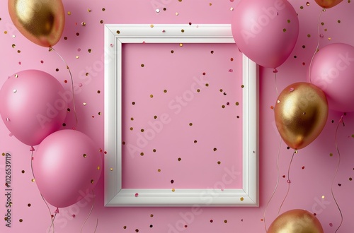 Colorful pink and gold balloons surround a blank white frame, set against a v...