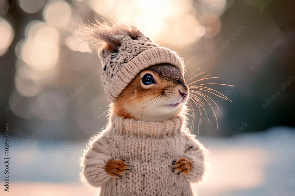 Cute squirrel wearing a knitted hat with ear holes and a cozy sweater, standing outdoors in a wintery setting with soft, golden light and bokeh in the background Cute squirrel wearing a knitted hat with ear holes and a cozy sweater, standing outdoors in a wintery setting with soft, golden light and bokeh in the background