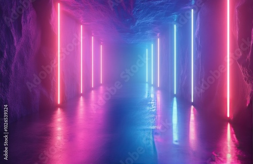 Neon lit tunnel with vibrant blue and pink lights creating a futuristic atmos...