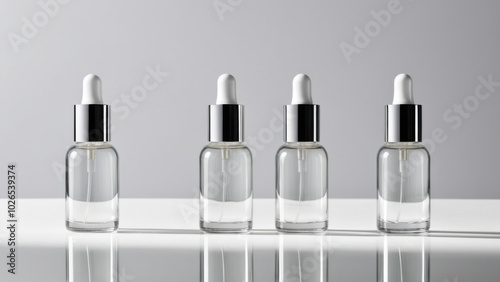 The image features minimalist serum bottles on a reflective surface. Natural lighting enhances their sophistication, making them ideal for promoting high-quality anti-aging skincare products.