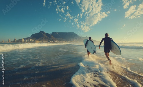 Surfers catching waves at sunset near Table Mountain in Cape Town