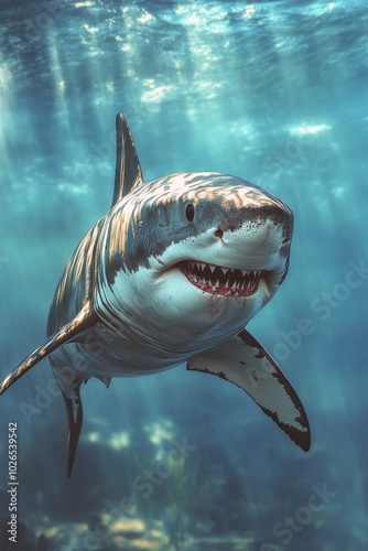 A great white shark swims gracefully in clear ocean water illuminated by sunl...