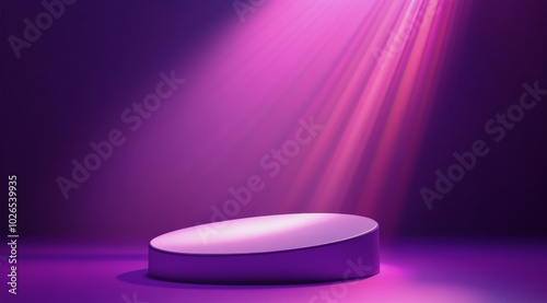 A minimalist stage illuminated by purple lights in a dramatic presentation se...