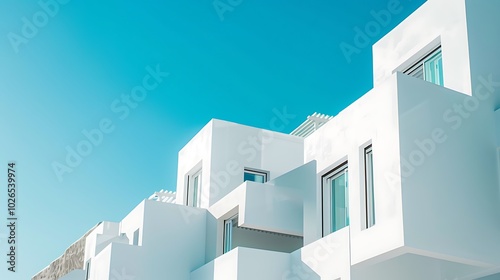 Modern white architecture against a clear blue sky, showcasing clean lines and contemporary design.