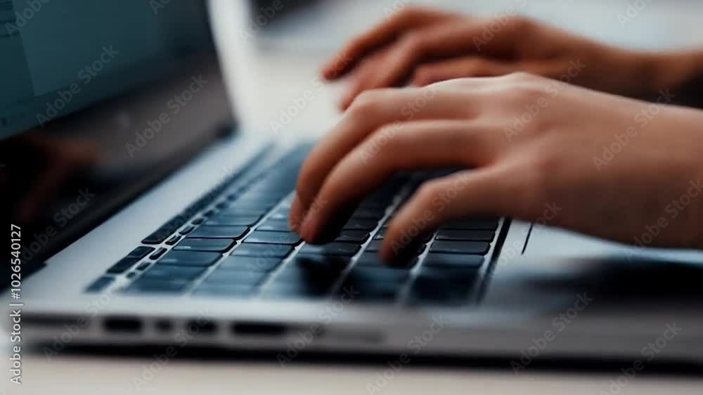 an office employee typing on a laptop, with attention solely on their hands and the laptop itself.
an office employee typing on a laptop, with attention solely on their hands and the laptop itself.