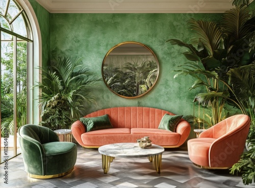 Elegant interior with a pink velvet sofa and tropical plants highlighting mod...