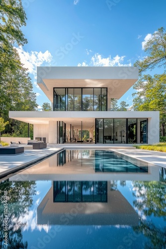 Modern architectural marvel with a sleek pool surrounded by nature on a sunny...