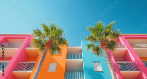 Colorful tropical buildings and palm trees under a clear blue sky in a sunny ...