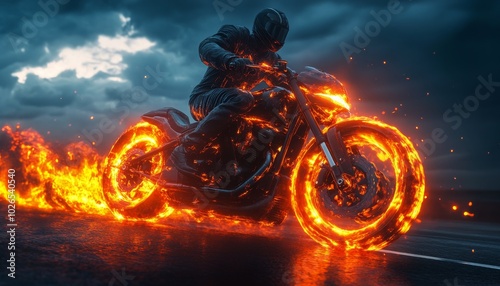 A motorcyclist rides through flames against a dramatic stormy sky at dusk