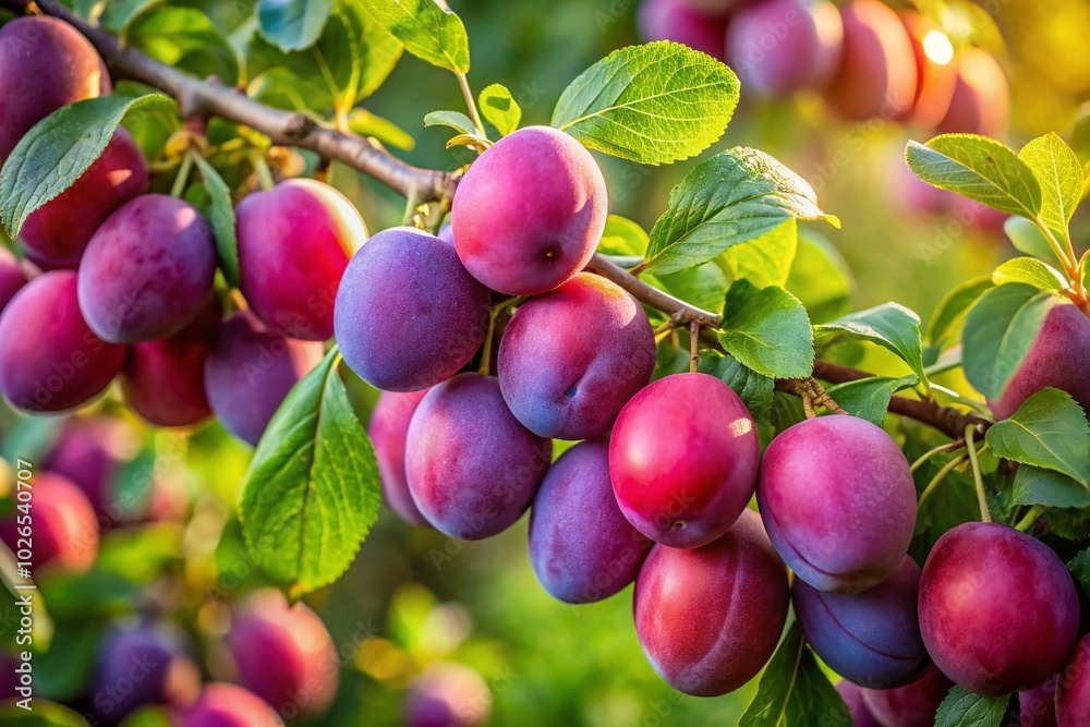 Beautiful Ripe Plums on a Branch - Selective Focus for Food Photography Beautiful Ripe Plums on a Branch - Selective Focus for Food Photography