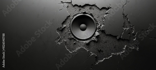 A cracked wall revealing a powerful speaker blending urban design and modern ...