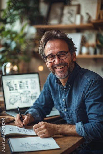 Professional man engaged in creative work at a modern office during daytime h...