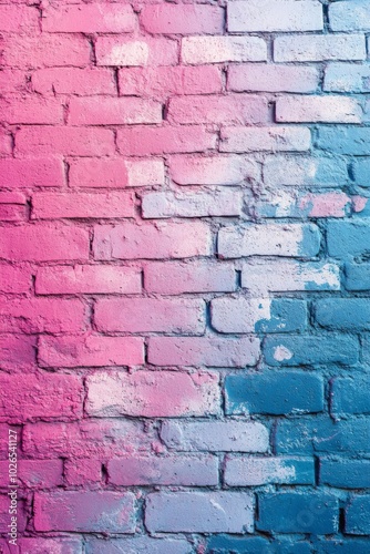 Colorful gradient brick wall painted in shades of pink and blue in an urban s...