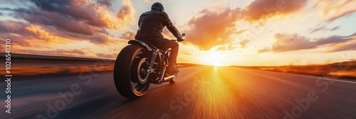 Rider cruising on a motorcycle at sunset along a deserted highway in the coun...