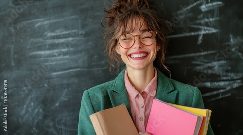 Joyful teacher holding colorful notebooks in front of a classroom blackboard