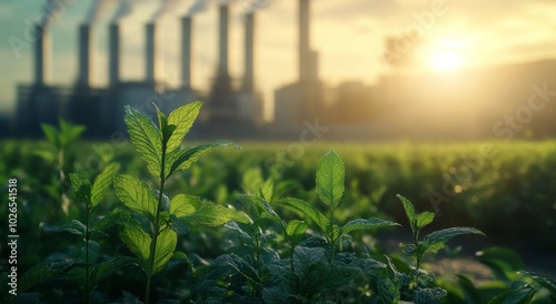 A lush green tea plantation flourishing under sunlight near an industrial landscape with smokestacks