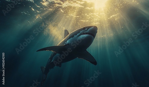 A shark swims directly toward the camera, revealing its sharp teeth and uniqu...