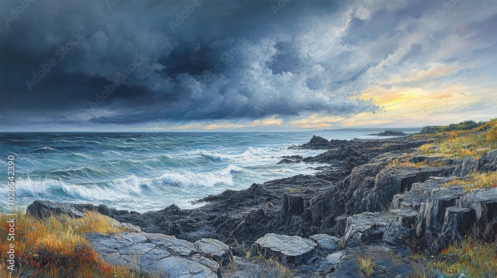 Fototapeta premium Stormy Seascape with Rocky Coastline and Sunset Clouds