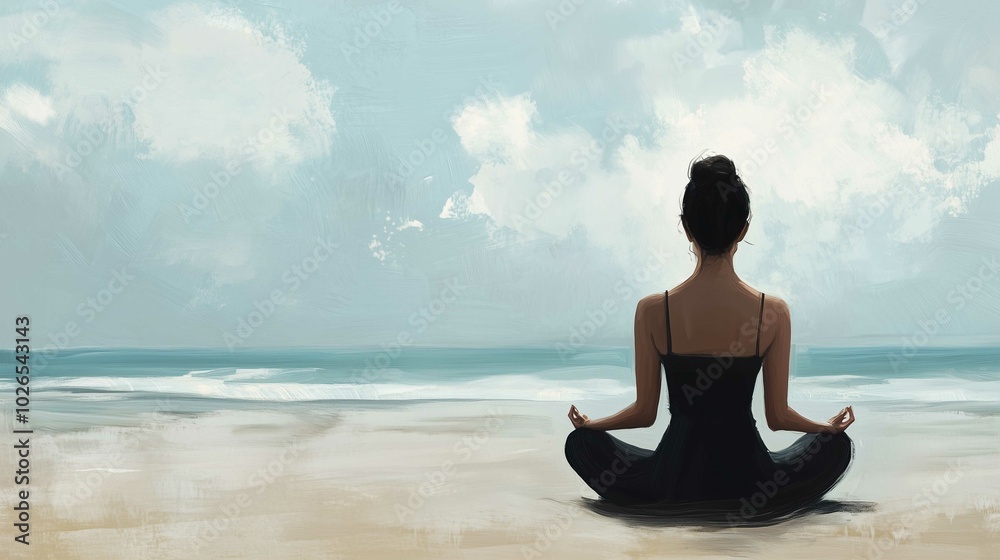 Woman sitting beach black dress zen meditation half deep teenager girl digitally painted looking straight ahead empty white room
Woman sitting beach black dress zen meditation half deep teenager girl digitally painted looking straight ahead empty white room