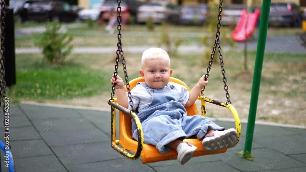 Beautiful blond baby boy smiles as he swings at the playground. Unrecognized mother pushes her kid on the swing. Blurred backdrop. Beautiful blond baby boy smiles as he swings at the playground. Unrecognized mother pushes her kid on the swing. Blurred backdrop.
