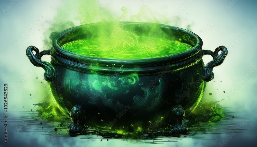  A cauldron bubbling with neon green liquid, steam curling into the air in soft watercolor st 
