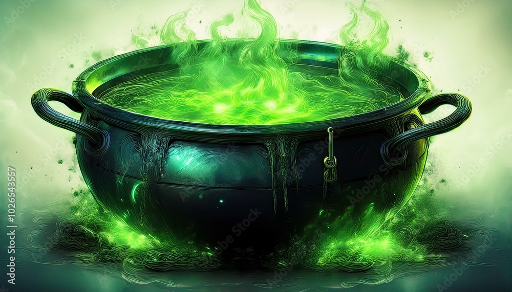 A cauldron bubbling with neon green liquid, steam curling into the air in soft watercolor st A cauldron bubbling with neon green liquid, steam curling into the air in soft watercolor st