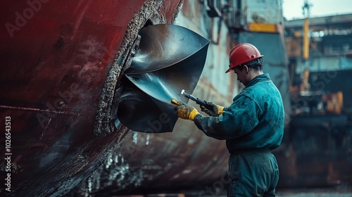 A worker in a red hard hat and blue overalls is working on a large ship's propeller, which is attached to the hull of the ship.