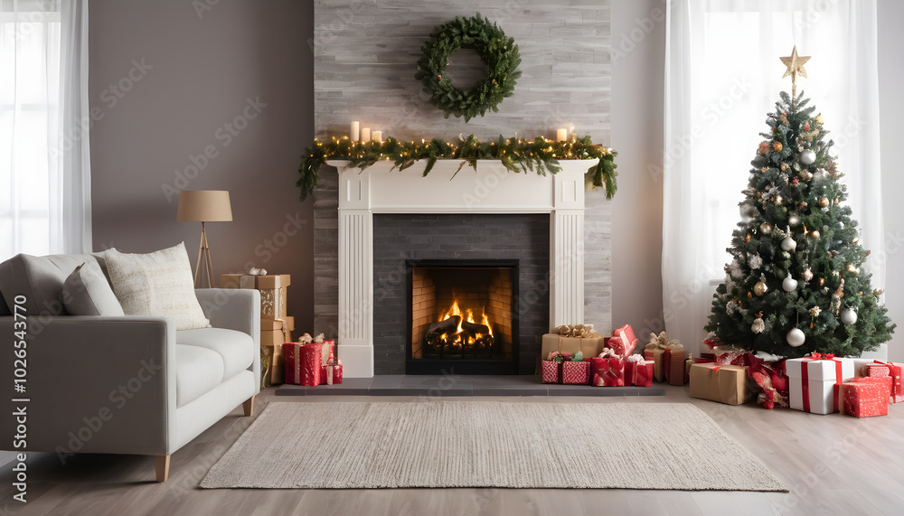 Holiday able with christmas tree and fireplace with copy space.AI Generated