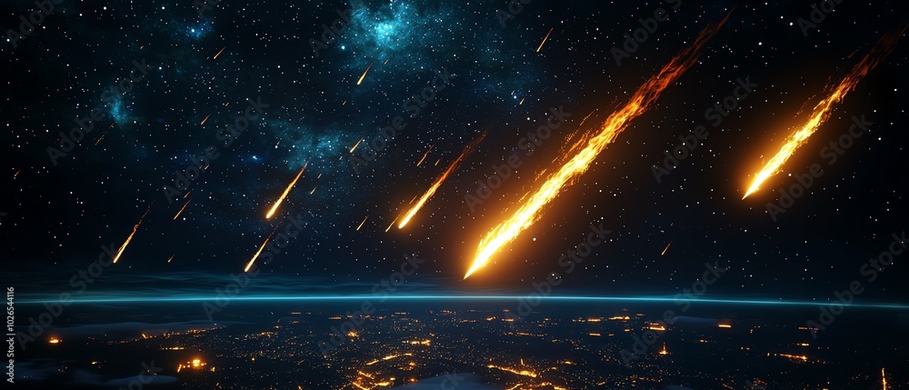 Fototapeta premium Streaking meteors illuminate the night sky above a cityscape, creating a stunning celestial display.