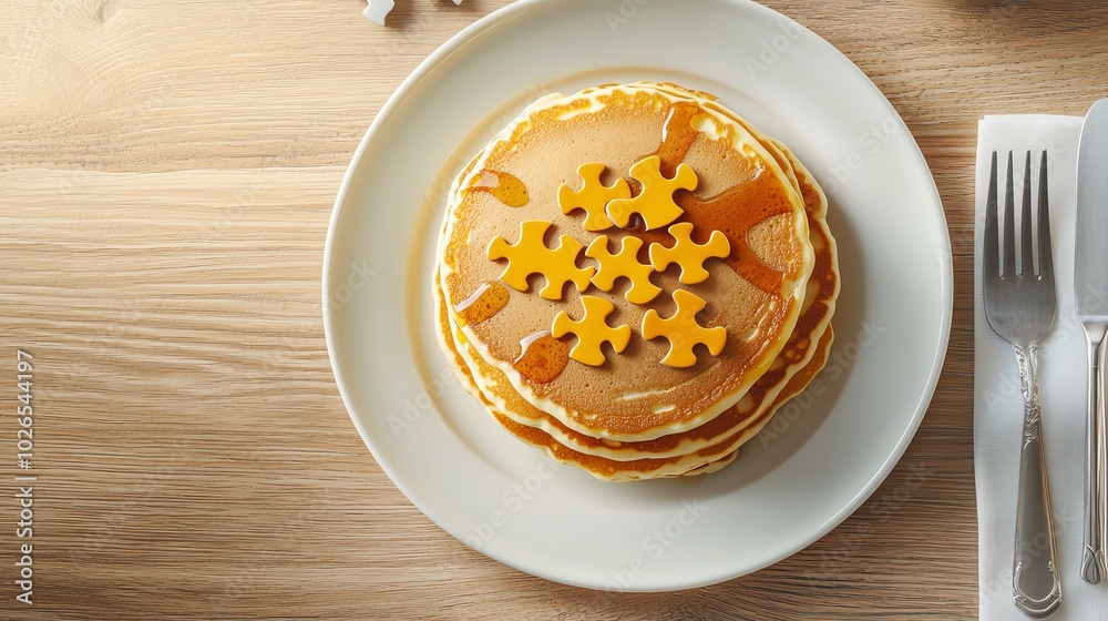 Delicious pancakes topped with syrup and playful puzzle-shaped toppings on a white plate. Delicious pancakes topped with syrup and playful puzzle-shaped toppings on a white plate.