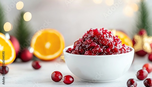 Delicious cranberry sauce in a white bowl with festive fruit and decorations in the background.