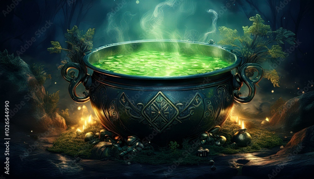 A spooky, ornate metal cauldron with glowing runes, brewing a thick, bubbling green potion w A spooky, ornate metal cauldron with glowing runes, brewing a thick, bubbling green potion w