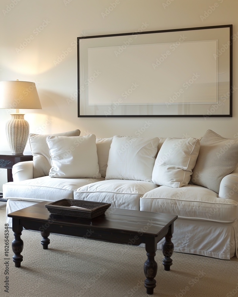 Fototapeta premium Modern minimalist living room interior with white sofa, cushions, and coffee table