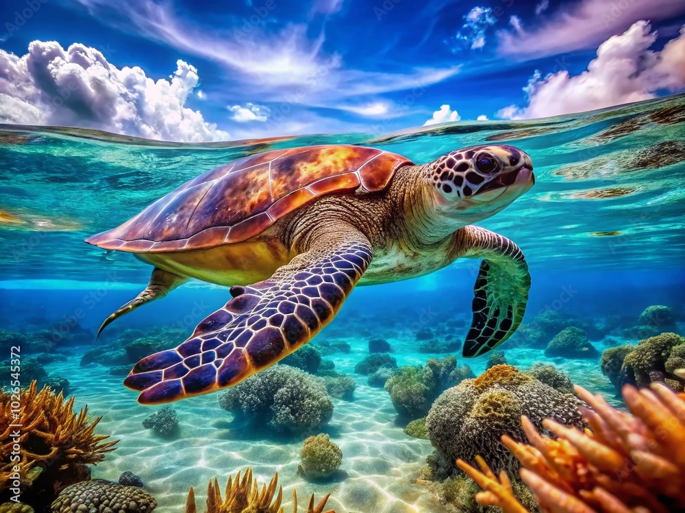 Obraz premium Majestic Ocean Turtle Swimming Gracefully Through Vibrant Coral Reefs in Crystal Clear Waters of the Tropical Sea