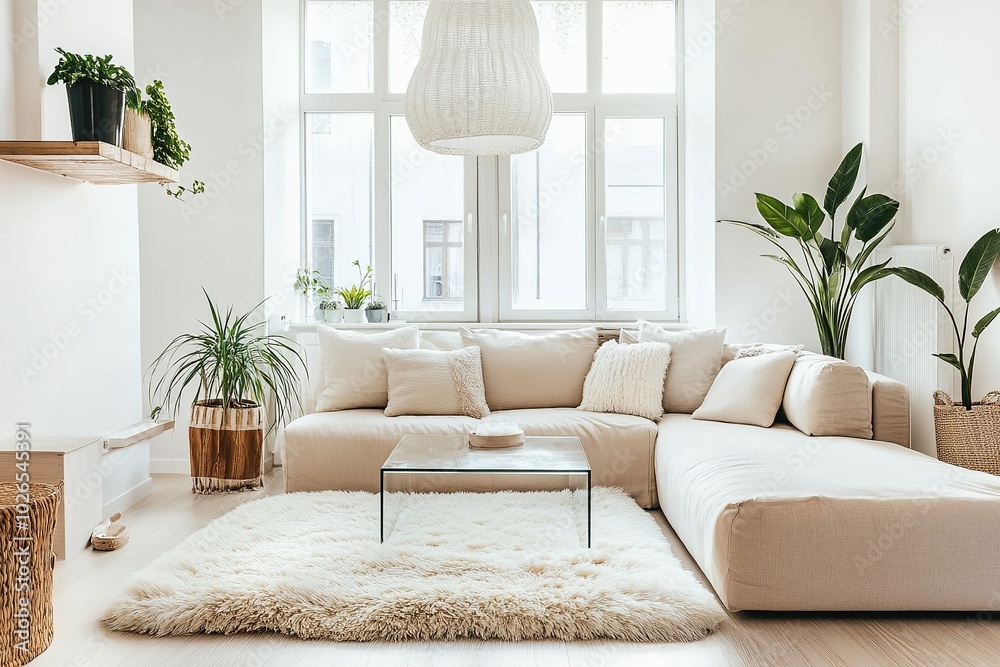 Fototapeta premium Bright modern living room with beige sofa, fluffy rug, and indoor plants creating a cozy and minimalistic atmosphere