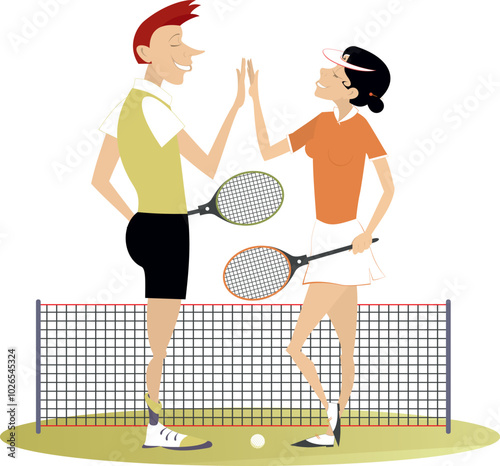 Tennis court. Man and woman play tennis.
Tennis court. Man and woman congratulate one another with a good game
