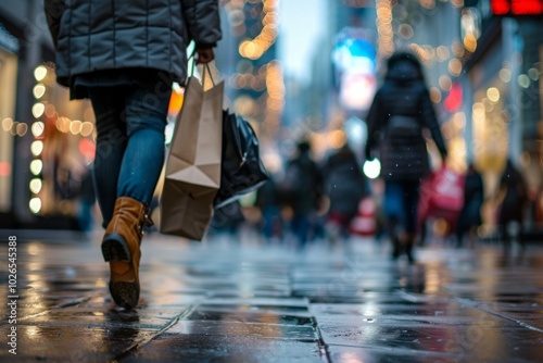 A woman is walking down a street with shopping bags in her hands