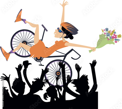 Woman winning the bicycle race. 
Cyclist woman wins a race and is tossed up at the finish by fans hands

