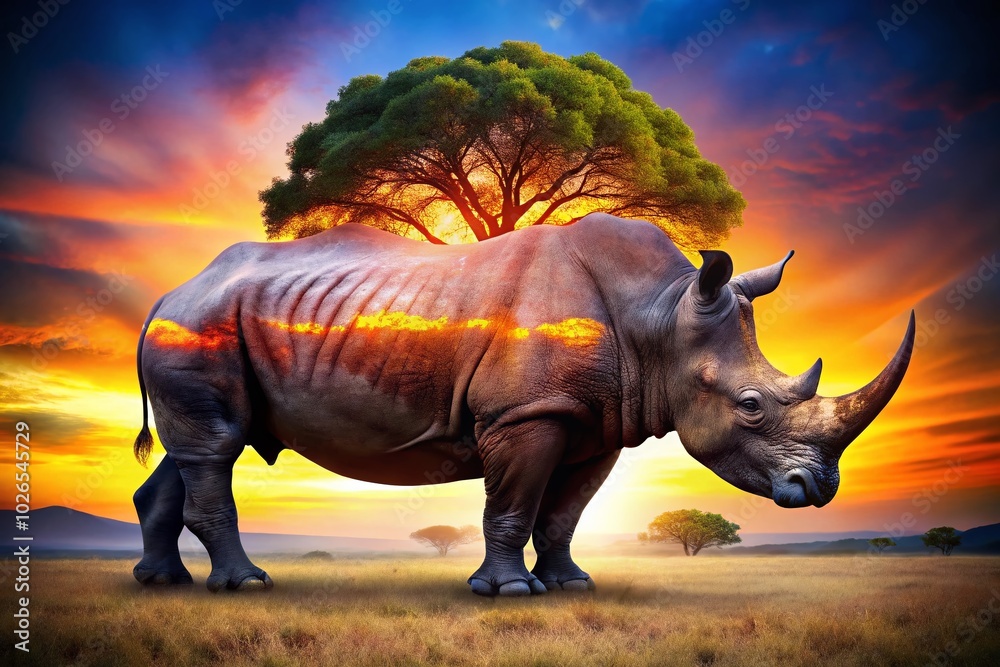 Fototapeta premium Majestic Rhino in Natural Habitat Captured in Stunning Detail, Showcasing Wildlife Conservation and African Safari