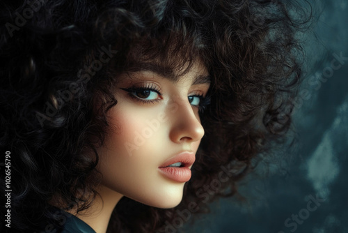 Close-up of a doll with curly hair, against a colorful background, expressing playfulness and joy.