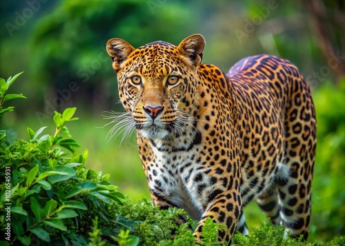 Majestic Sri Lankan Leopard Roaming in Lush Greenery of Yala National Park, Captivating Wildlife Beauty in Sri Lanka