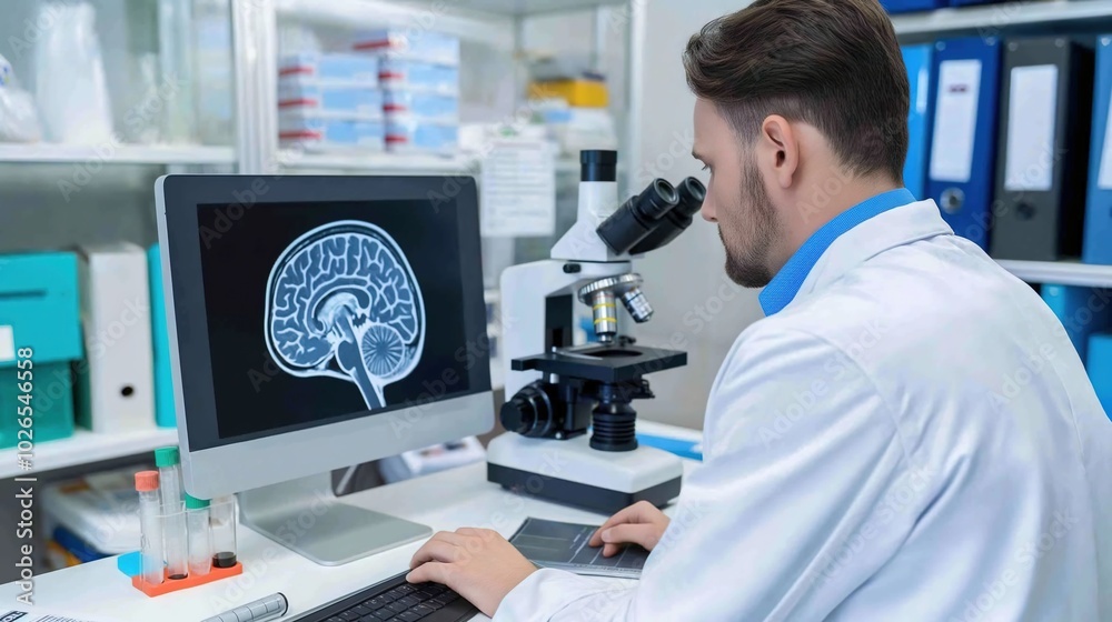 Scientist in lab coat analyzing brain scan on computer screen, surrounded by research papers and microscope, emphasizing focus on autism research and medical advancements. Scientist in lab coat analyzing brain scan on computer screen, surrounded by research papers and microscope, emphasizing focus on autism research and medical advancements.